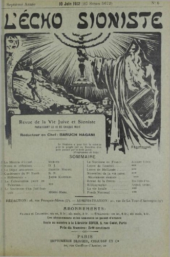 L'Echo Sioniste. Vol. 7 n° 6 (10 juin 1912)